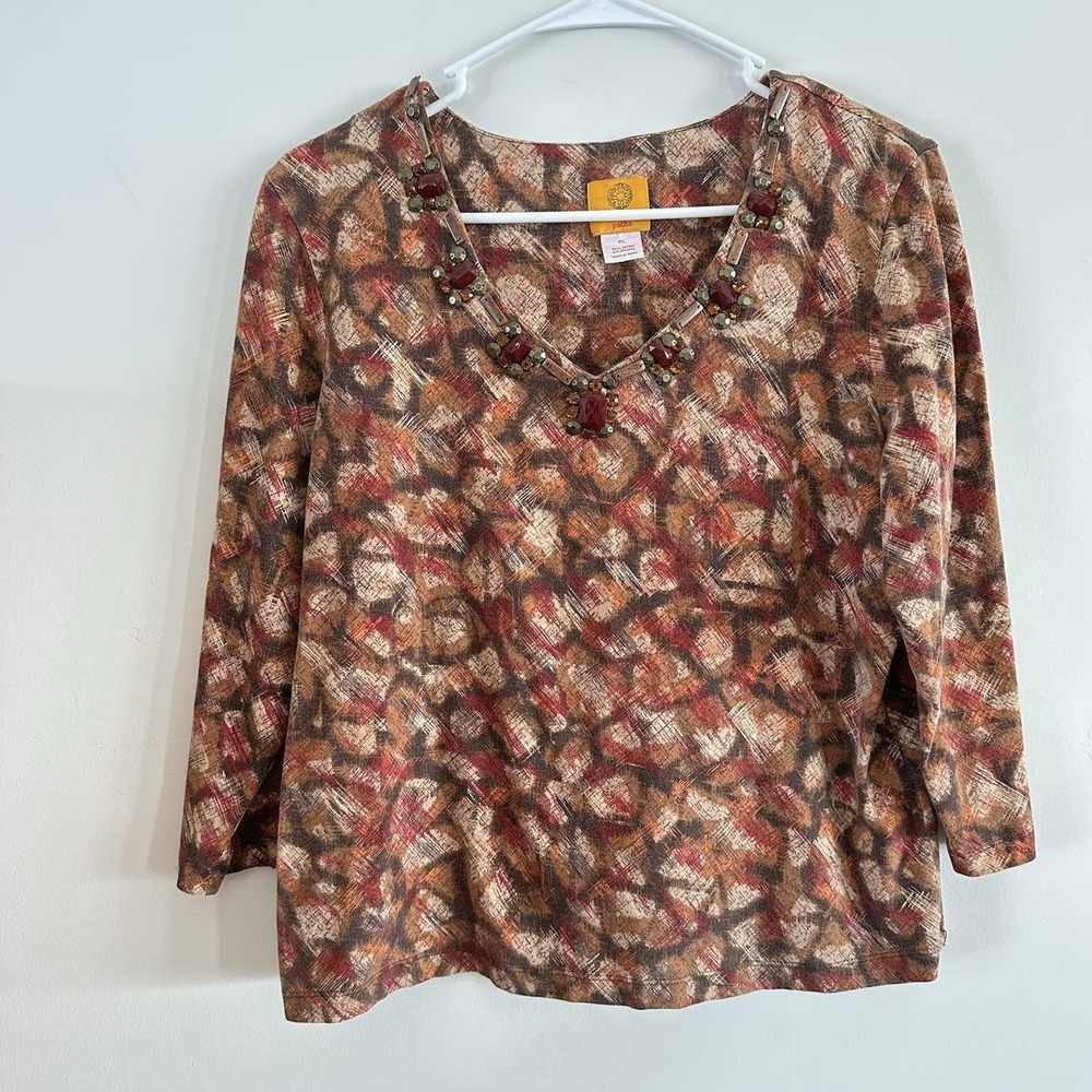 Ruby Rd Top Womens Petite L Red Pullover V-Neck Beaded 3/4 Sleeve Casual‎